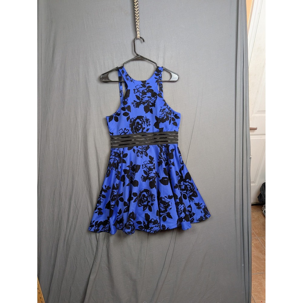 City Studio Purple Black Floral Fit Flare Party Dress Mesh Waist Size 13